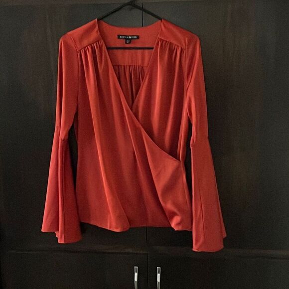 Boston Proper Orange Satin Bell Sleeve Faux Wrap Top Size 6 - Picture 2 of 6